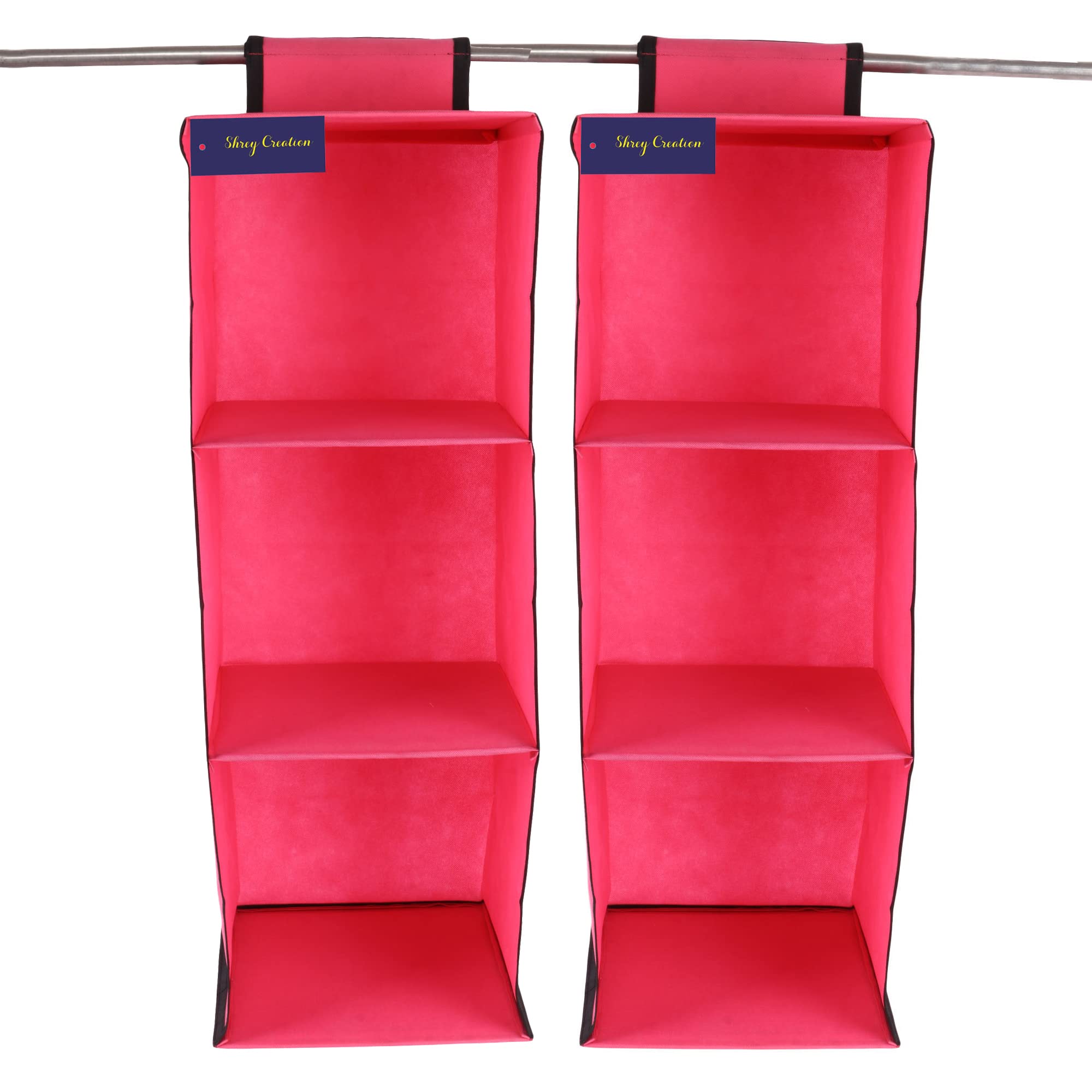 SHREY CREATION Non Woven 3 Shelf/Compartment Closet Cloth Hanging Organizer/Clothes Storage Wardrobe Organiser for Almirah (Pack of 2, Pink)