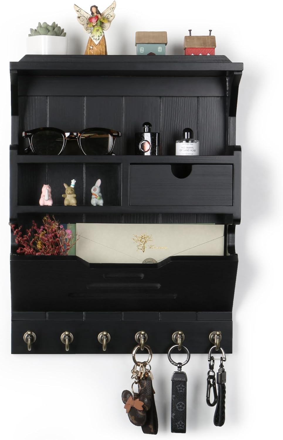 Key Holder for Wall, Elegant Wall-Mounted Mail Organizer with Storage Drawers, Black