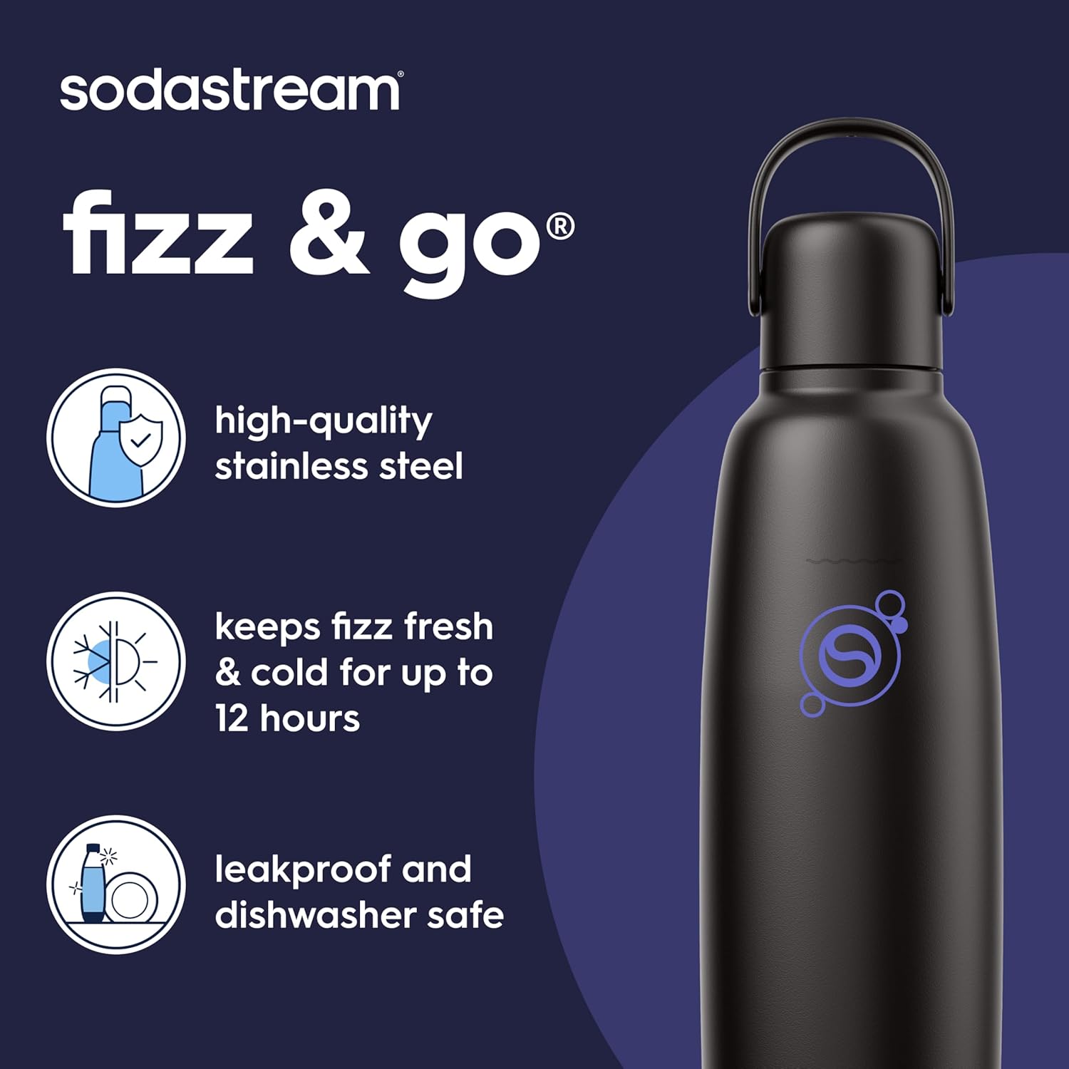 sodastream Fizz & Go Cool - All Metal Bottle (Black) Carbonating Bottle Capacity, 0.9L
