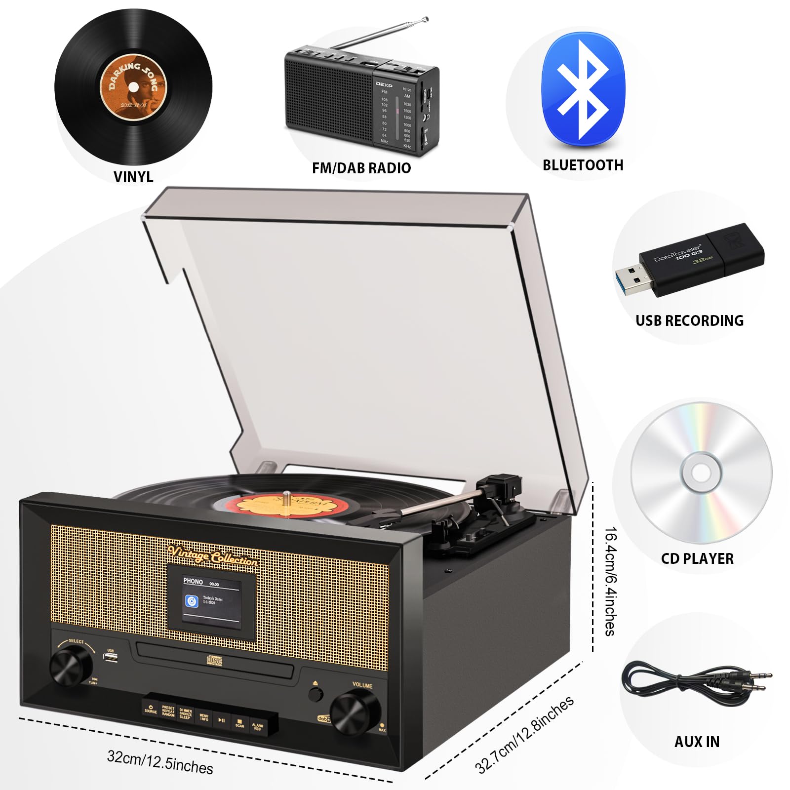 Lettore CD e vinile 9 in 1, giradischi Bluetooth, giradischi a 3 velocità, lettore CD, radio FM e DAB, riproduzione/registrazione USB, ingresso AUX, uscita RCA e jack per cuffie per la decorazione