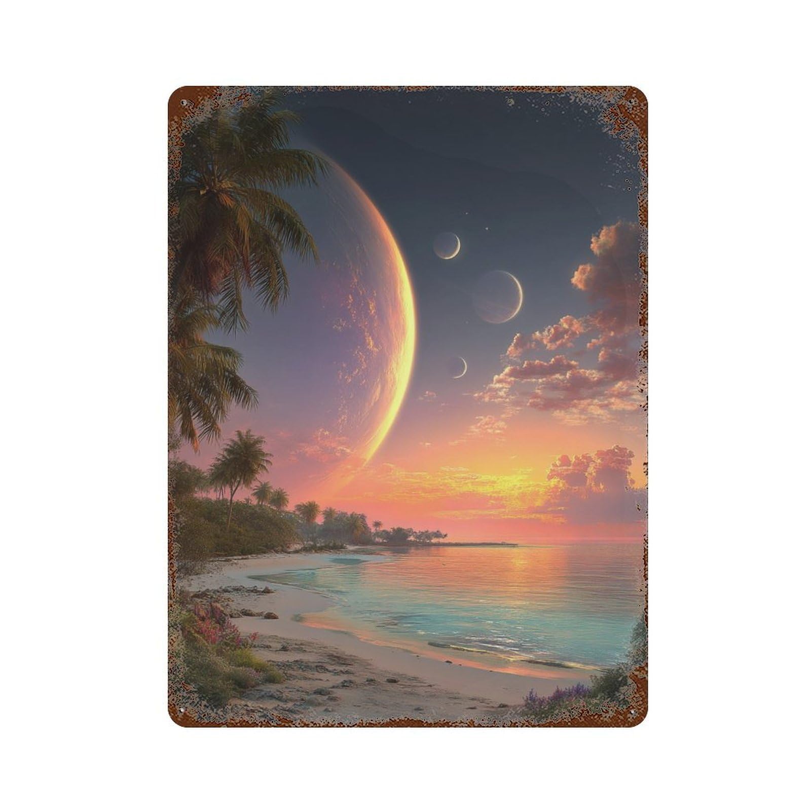 Exotic Tropical Sunset Beach Rustic Tin Plaque 15.7"x11.8", Industrial Home Decor for Pub, Kitchen And Man Cave Decor