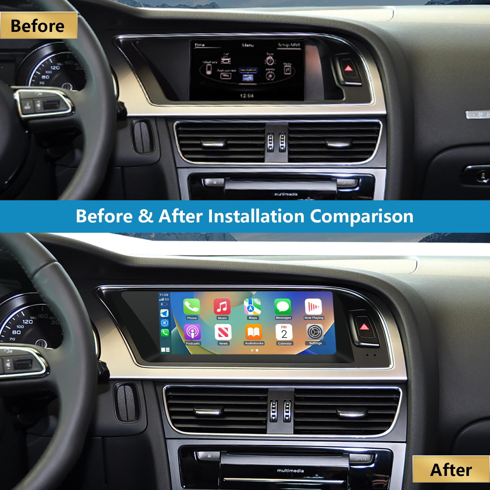 Autoradio écran Tactile 8,9" avec Carplay sans Fil et Android Auto pour 2008-2016 Audi A5 S5 avec système 3G MMI+, Prend en Charge Mirrorlink, Caméra, Navigation