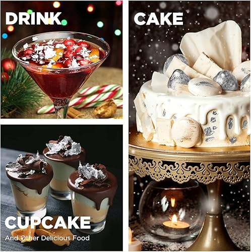 Miniatura 3 de Cobakey Hoja de plata comestible  Hoja de plata de 50 mg para decoración de pasteles (cupcake, chocolate, filete, bebida y cocina), copos de plata