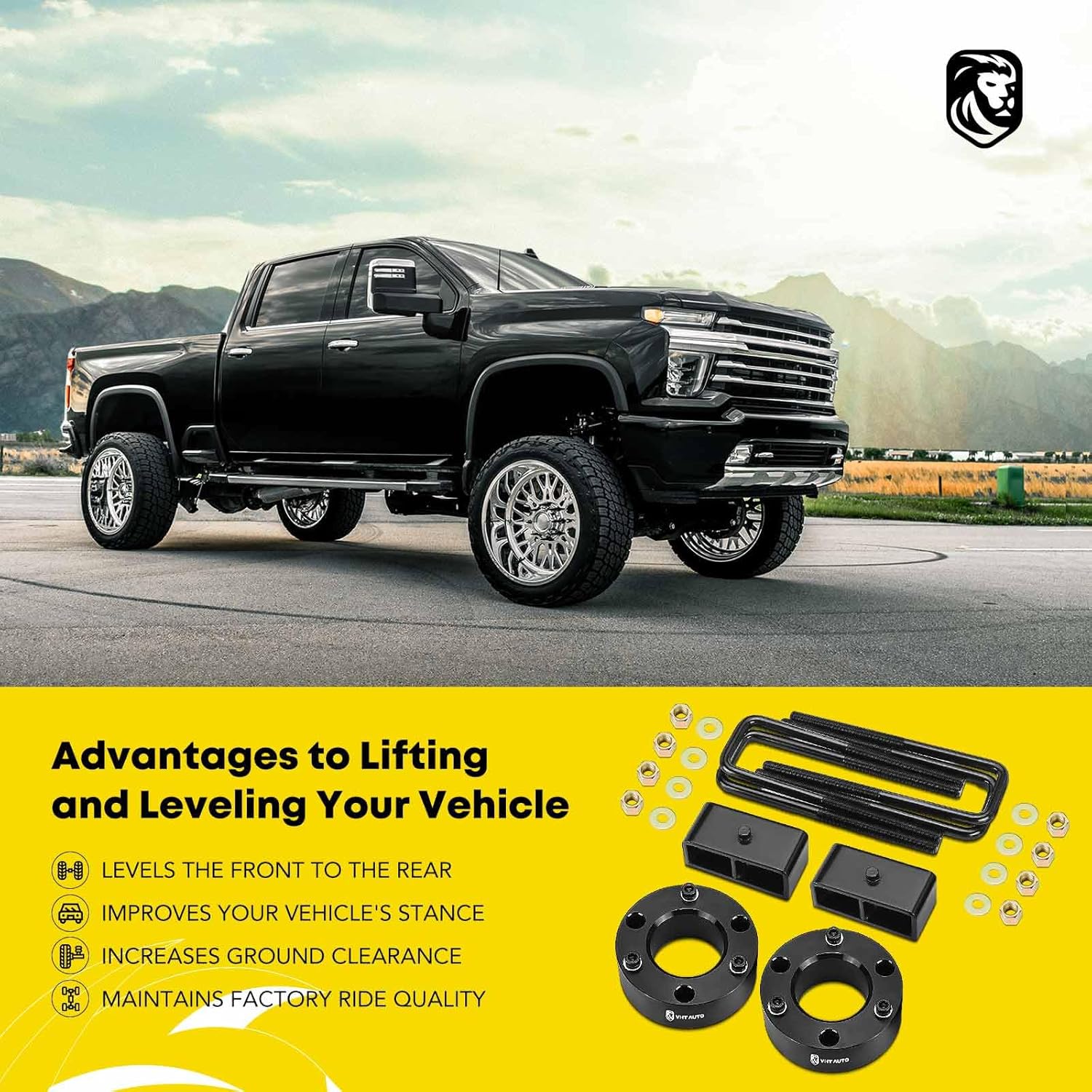YHTAUTO 3 Inch Front & 2 Onch Rear Leveling Lift Kit Fit 07-19 Chevy Silverado & GMC Sierra 1500 | RWD/4WD | Spacers, Blocks & U-Bolts Raise the Front By 3 Inch, the Raer By 2 Inch | 8PCS Leveling Kit