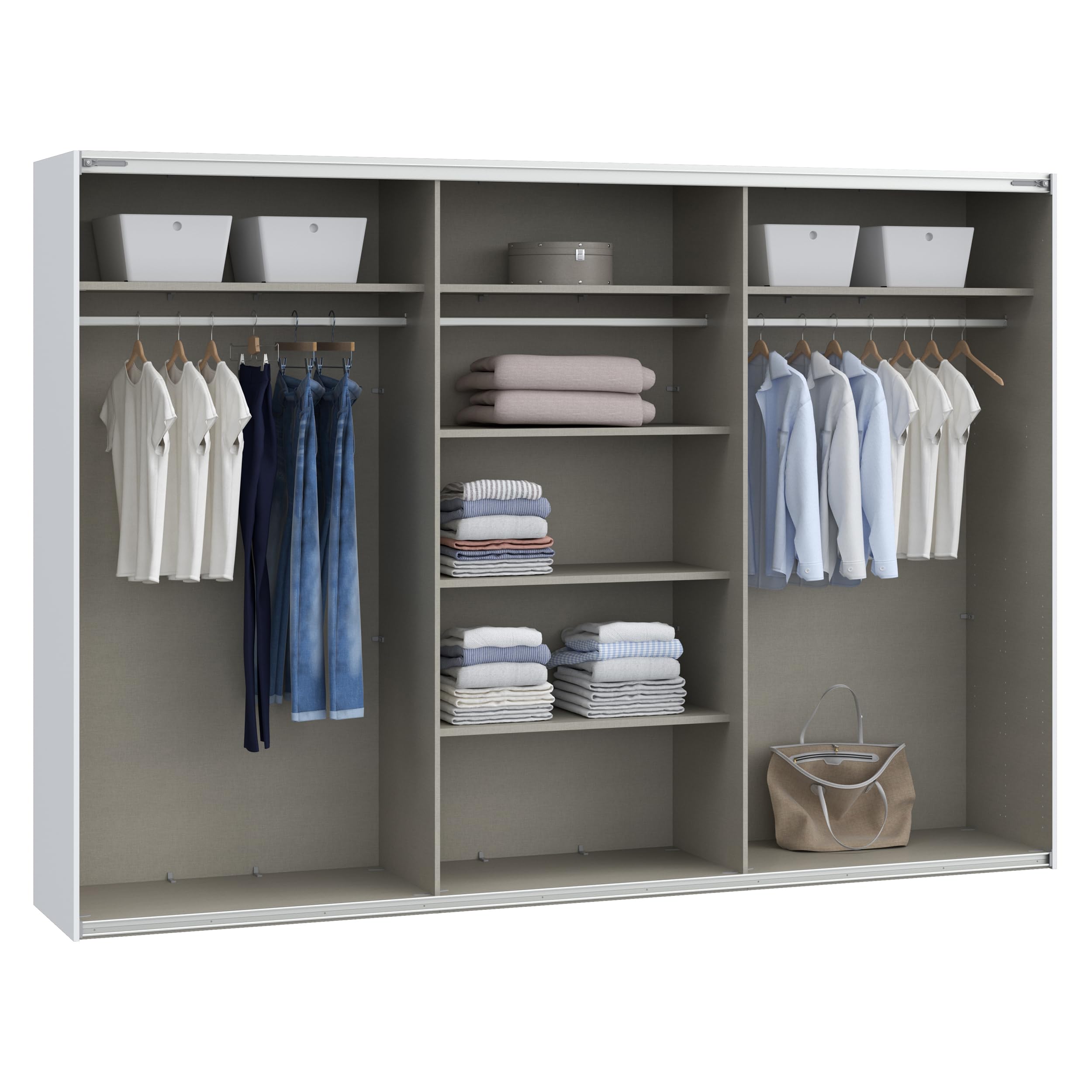 Forte SOPHISTISPACE Kleiderschrank 300, 3-türiger Schwebetürenschrank mit Spiegelfront, Einlegeböden und Kleiderstange, Weiß, 299,8 cm breit, 210,5 cm hoch, 62,9 cm tief