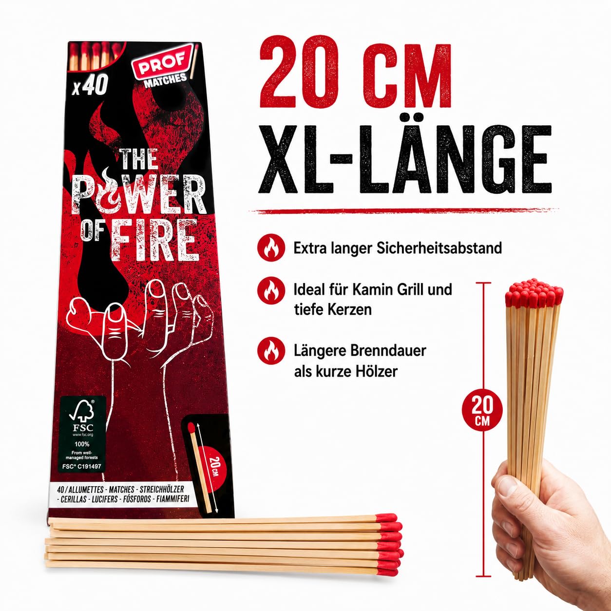 jameitop Confezione da 5 fiammiferi XXL – 20 cm extra lunghi di alta qualità, 200 pezzi per set, ideali per campeggio, barbecue, avventure all'aperto, sopravvivenza, emergenze e progetti fai da te