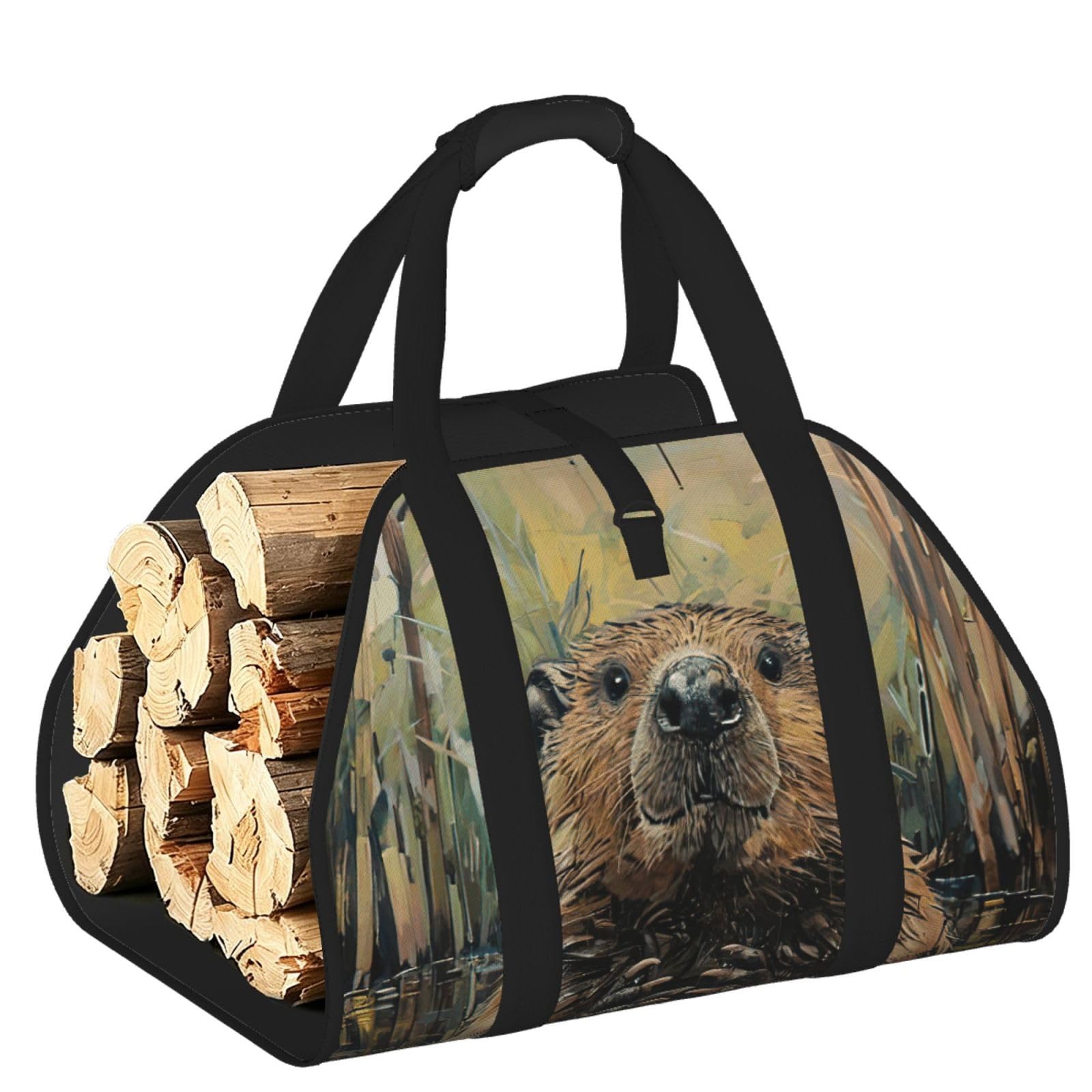 Beaver Printed Firewood Carrier Bag, Log Tote with Open-Ended Design for Camping Outdoor Wood Hauling