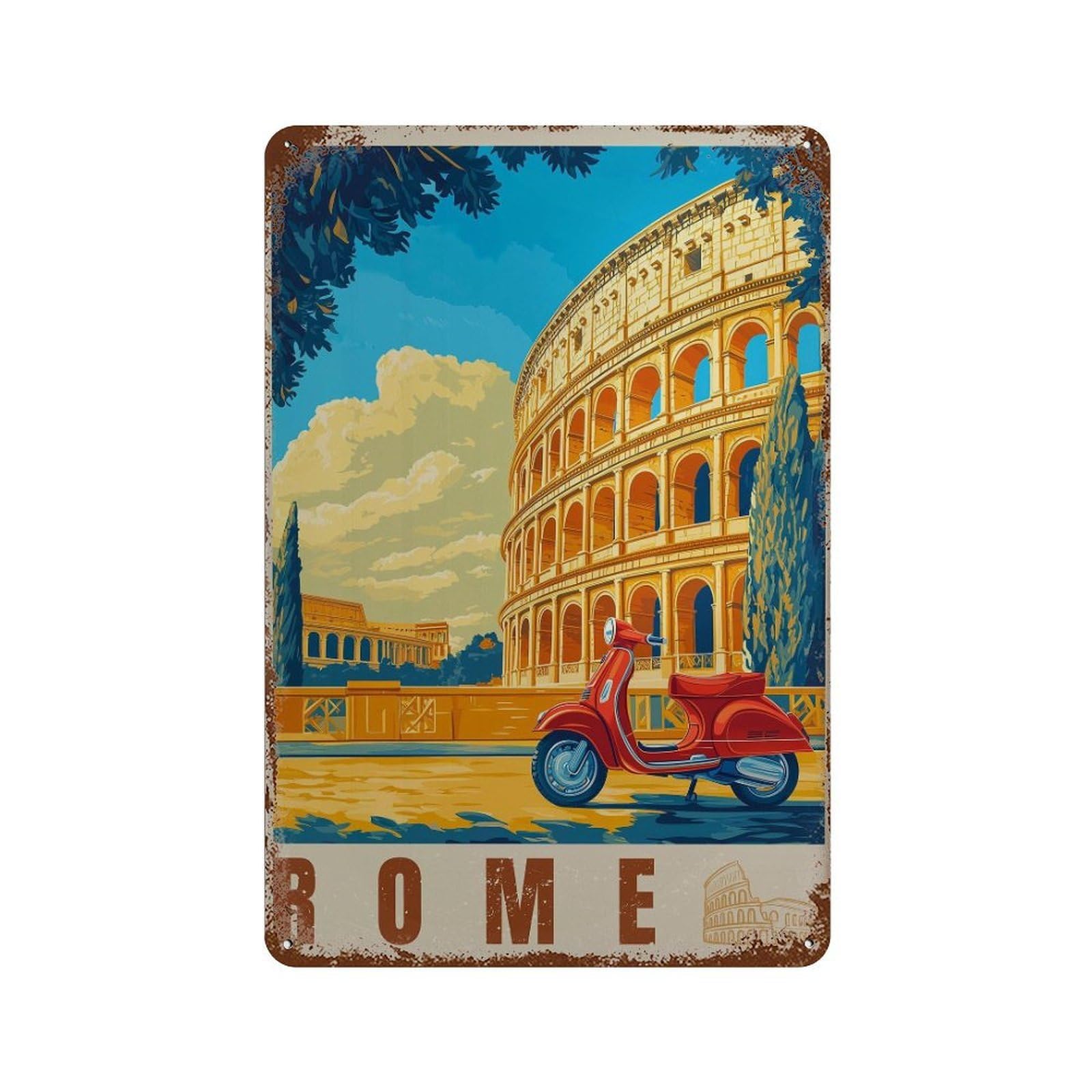 xiaoxiaoshen Rome Travel Colosseum & Scooter Wall Decor Art Metal Tin Poster Modern Home Decor Art Home Bar Shop Decorations Vintage Sign 30x20cm
