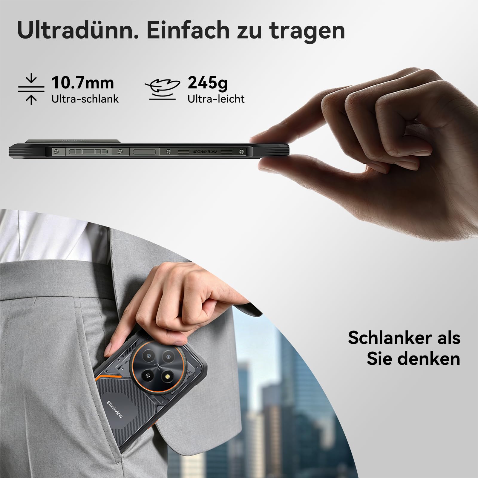 Blackview Outdoor Handy Ohne Vertrag Android 16, 24GB+128GB/2TB TF Baustellenhandy, 245g/10.7mm Ultra-Thin Outdoor Smartphone, 6.56" 90Hz, 16MP AI Camera, IP69K/OTG/NFC/Gemini AI/3 Jahre Garantie