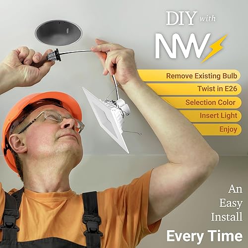 Miniatura 10 de NUWATT Paquete de 4, iluminación LED empotrable cuadrada de 6 pulgadas, 5CCT 2700K3000K3500K4000K5000K seleccionable, 1100 lúmenes 14W, luz