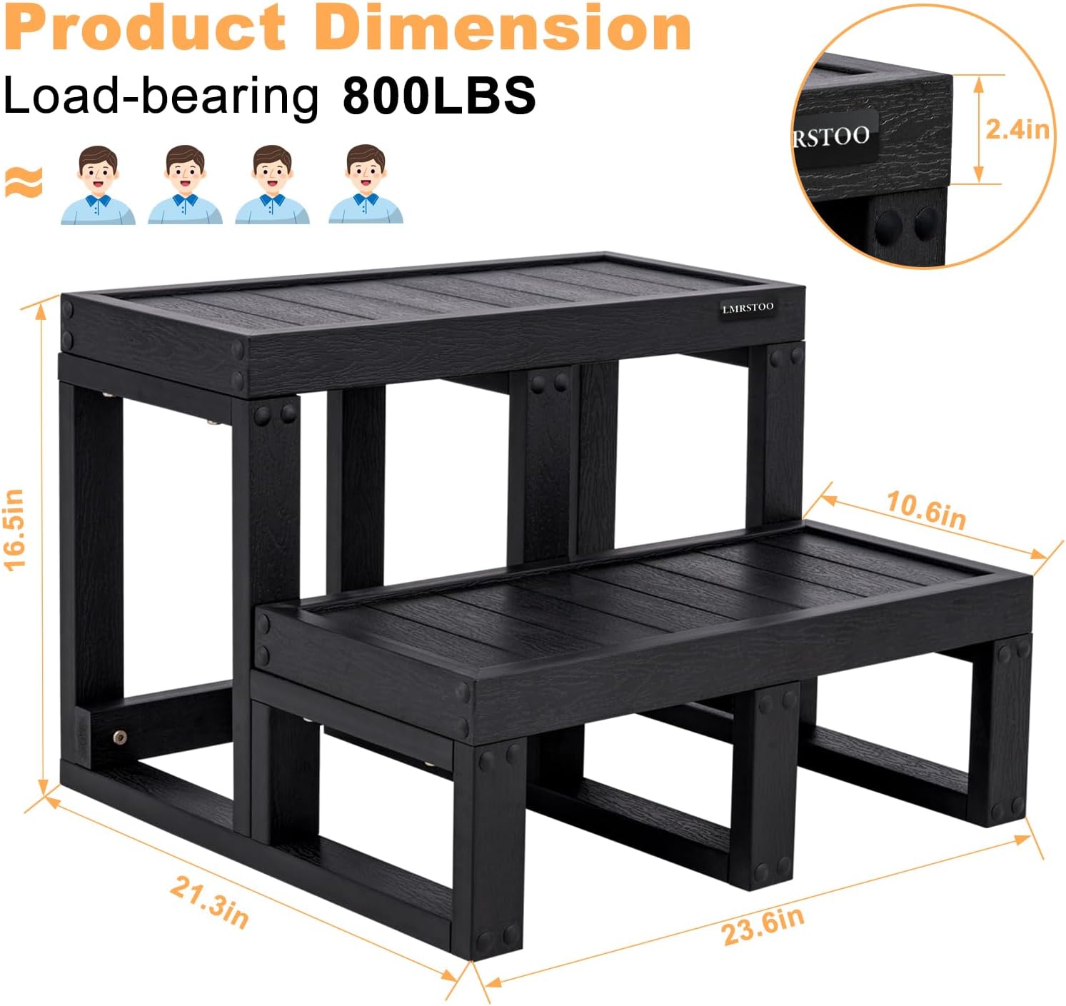 Hot Tub Steps,Universal Slip-Resistant Spa Step,Wood Looking Plastic Steps,Hot Tub Stairs with Three Legs,Outdoor 2 Steps for Sided Spa,RV, Deck, Kitchen Load Capacity 800 lbs,Black