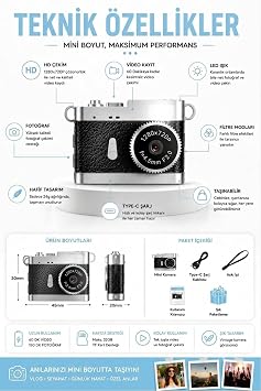 Ezere PixCam Vintage Taşınabilir Mini Dijital Kamera Selfie Video Vlog Kamerası Mini Anahtarlık, SIYAH