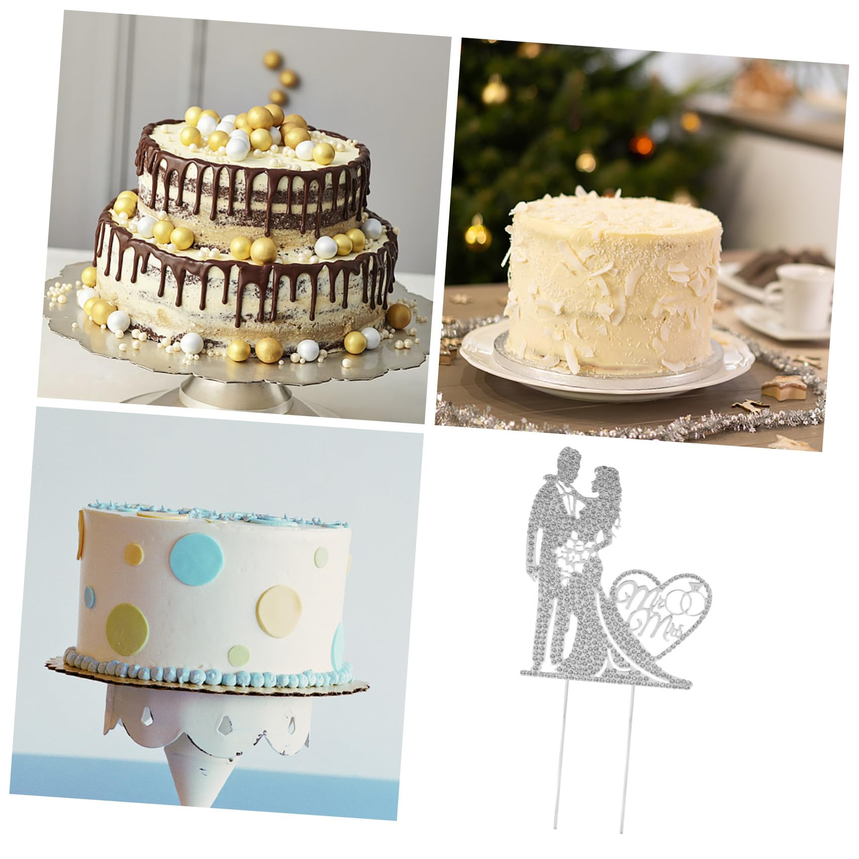 VICASKY 4 Stück Mr Mrs Hochzeitstortenaufsatz Silber Cake Topper Party Deko für Brautpaar Kuchen Dekoration Eleganter Cake Insert für Unvergessliche Hochzeitsfeiern