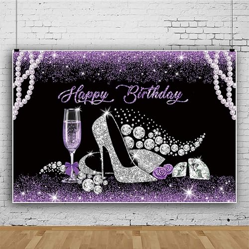 Baocicco Telón de fondo de feliz cumpleaños de 10 x 8 pies, zapatos de tacón alto con perlas y Diomand, para cumpleaños, baner, morado, purpurina,