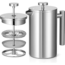 Red Ember Stainless Steel French Press 1L Cafetiere - Double-Walled Insulated Coffee Maker Unbreakable & Rustproof with 3-Layer Filter for a Smooth Rich Brewing Result - Ideal for Home
