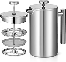 Red Ember Stainless Steel French Press 1L Cafetiere – Double Wall Insulated Coffee Maker, Unbreakable & Rust-Proof with 3-Layer Filter for Smooth, Rich Brew – Ideal for Home, Camping & Gifts