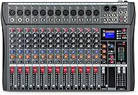 VDA212L Mesa de som 12 canals, Small Stage Bluetooth USB MP3, entrada 48V Phantom Power DJ Audio Network Karaoke Mobile Live High Power Mixer Professional 12 Channel Studio Audio Mixer 110V/220V