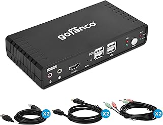 gofanco Single Monitor HDMI 2.0 KVM Switch (2 Port) – 4K 60Hz 4:4:4, 18Gbps, HDCP 2.2, Keyboard & Mouse Switcher with USB 2.0 Hub and Audio, Mic in/Stereo Out, Hotkey Switching, Cables Included