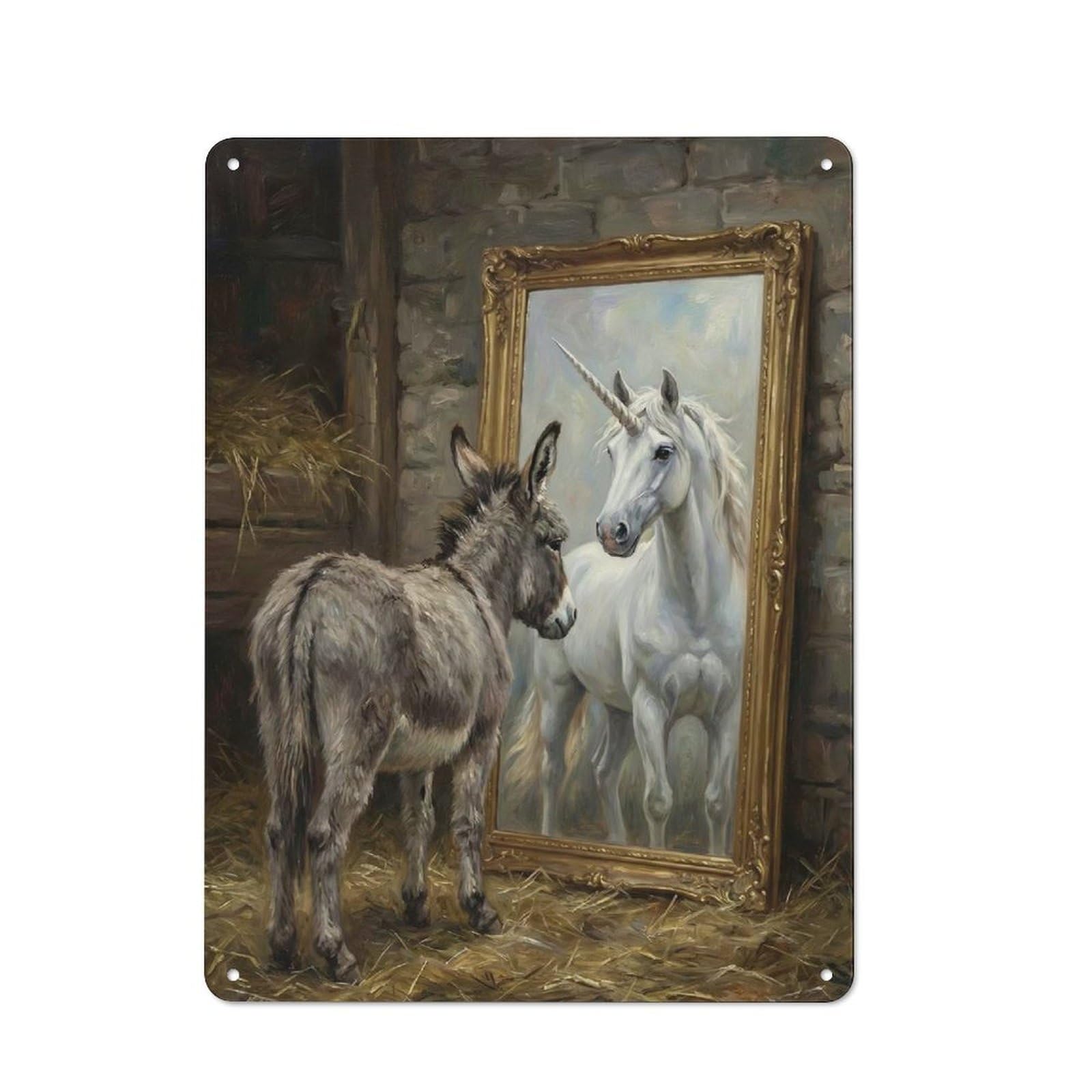 Junmoney Style-10 For Hobby Room Or Studio, Donkey Sees Unicorn In Mirror Retro Metal Sign 40X30cm, A Decorative Gift For A Newly Furnished Hobby Room And Studio
