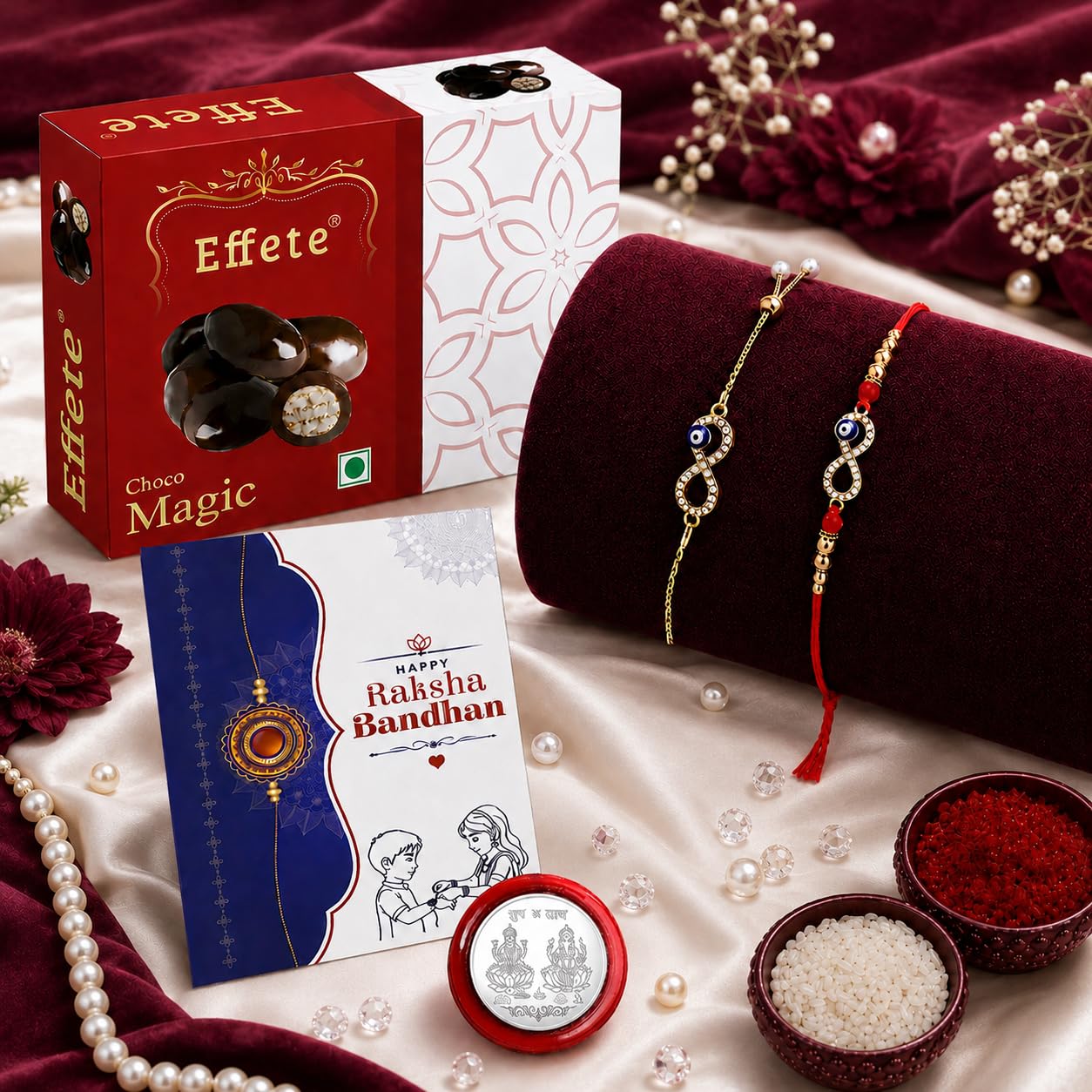 DeoDap Infinity Evil Eye Rakhi for Brother and Bhabhi β Rakhi Set of 2 with Choco Magic Chocolate 32gm, Pooja Coin, Roli Chawal & Card | Gift Hamper for Raksha Bandhan 4
