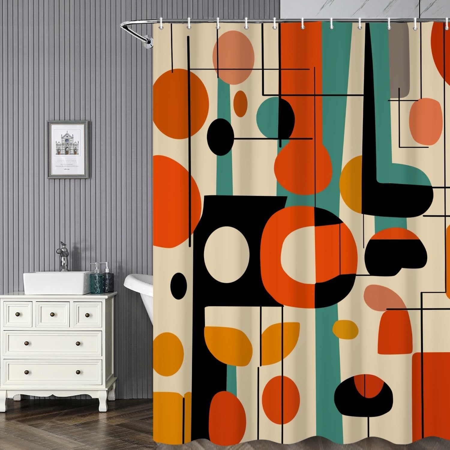 Boho Mid Century Shower Curtain Abstract Retro Colors Geometric Pattern Lines Bath Curtain Waterproof Polyester Fabric for Vintage Aesthetic Bathroom Bathtub Decor 72x78 Inch