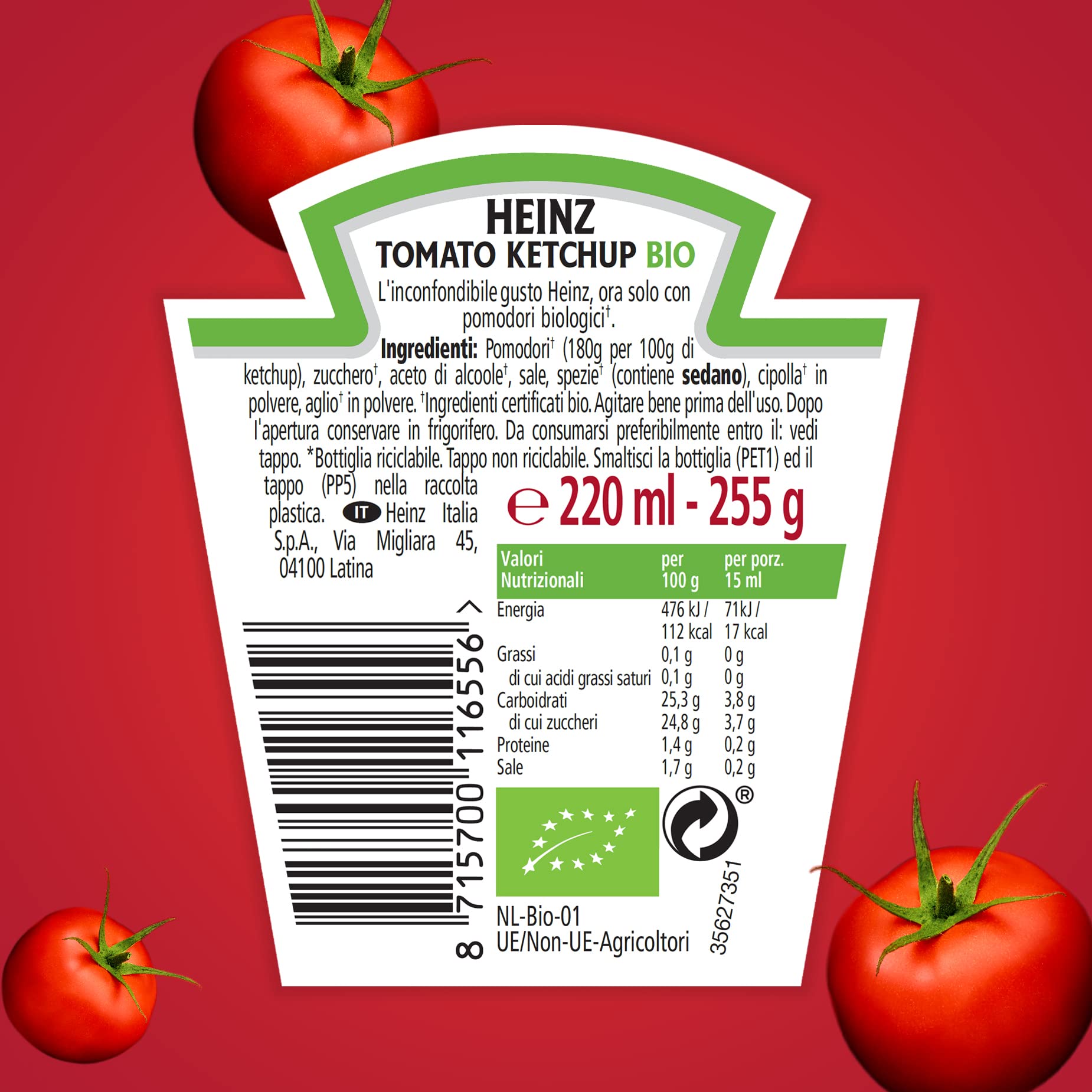 Salsa Heinz Tomato Ketchup Bio con Pomodori di Coltivazioni Biologiche (10 x 255 g)