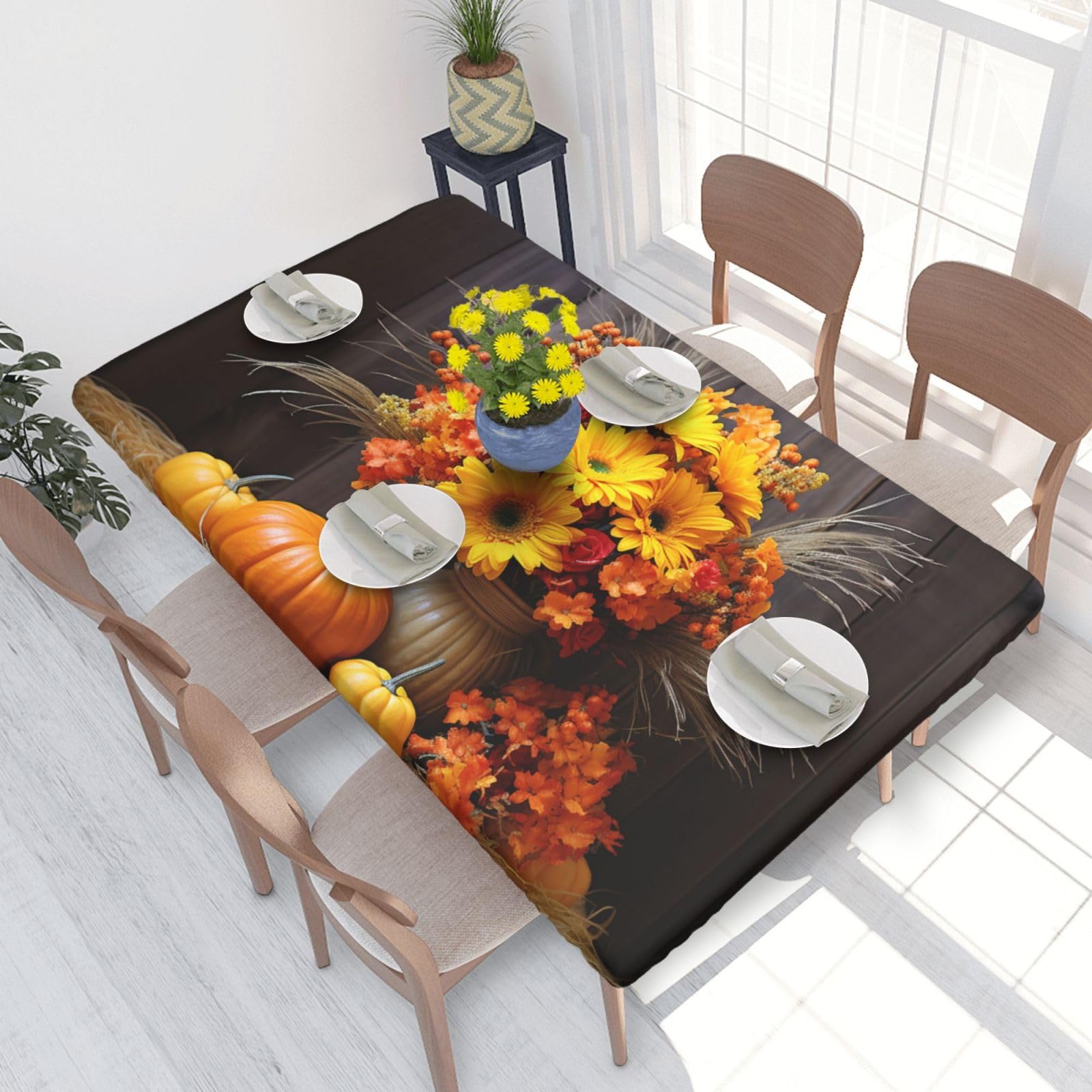 Autumn Flowers Haystack Pumpkin Waterproof Square Table Cover Elastic Fitted Tablecloth Oil Proof Table Protector For 4ft Table