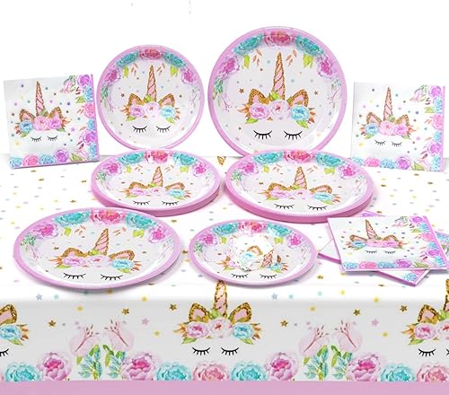 Juego de decoración de cumpleaños de unicornio, platos y servilletas de unicornio, 32 platos, 16 servilletas, 1 mantel
