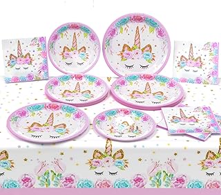 Unicorn Birthday Decorations for Girls, Unicorn Party Supplies, Unicorn Party Decorations Including 32 Unicorn Plates, 16 Unicorn Napkins and 1 Unicorn Table Cover
