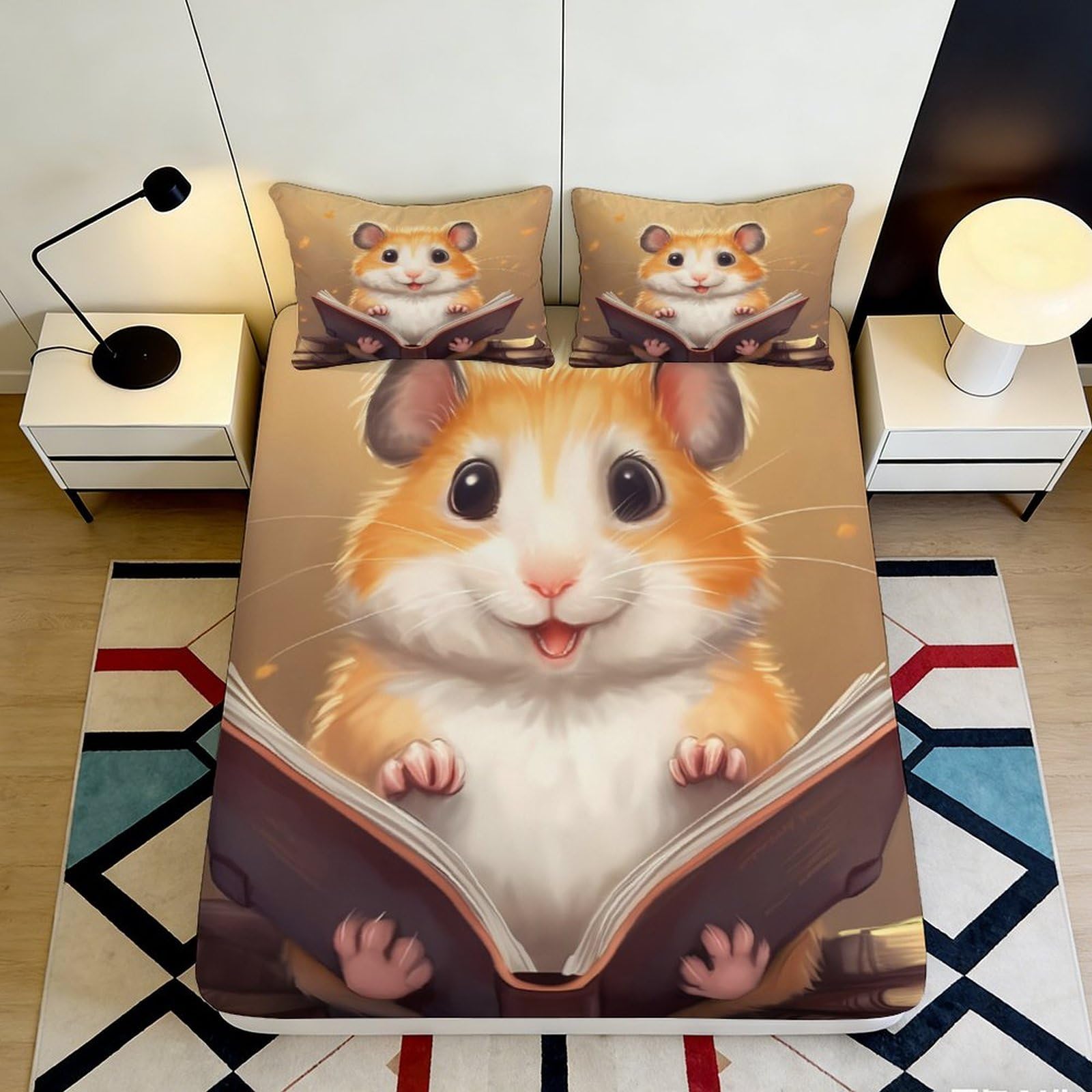 3D Printed Cute Hamster Fitted Sheet Microfiber Soft Animal Book Pattern Mattress Cover for Bedroom Dorm Mattress Protector 90x200x25cm