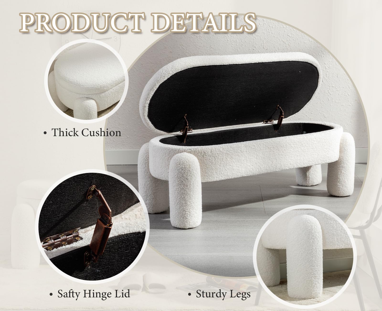 Ya-Home Cassapanca Pouf Panca Contenitore Panca Fondo Letto Cassapanca Contenitore in Pelliccia Sintetica per Camera da Letto/Soggiorno, Bianco,114cm
