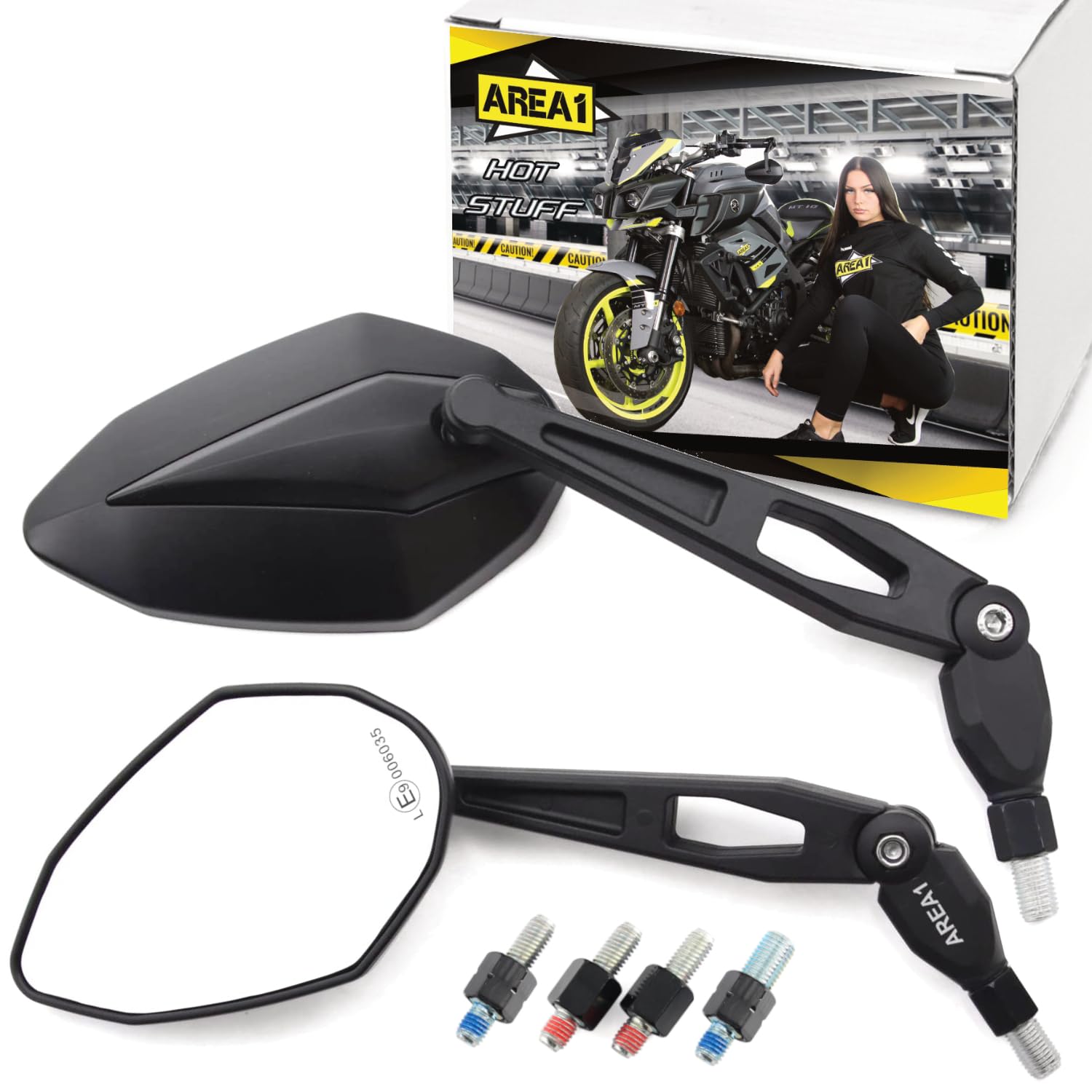 Area1 Coppia di specchietti retrovisori universali per moto, omologati e-geprüft 2x M10 filettatura destra + adattatore filettatura sinistra, compatibile con, ad esempio, Duke, SMC/R Z900 Z750 Z650