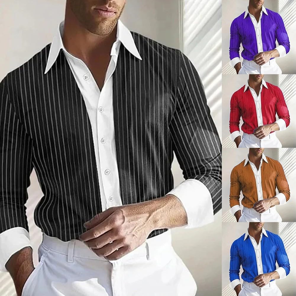 Elegante camicia a righe a maniche lunghe da uomo, perfetta miscela di comfort e stile (2XL viola)