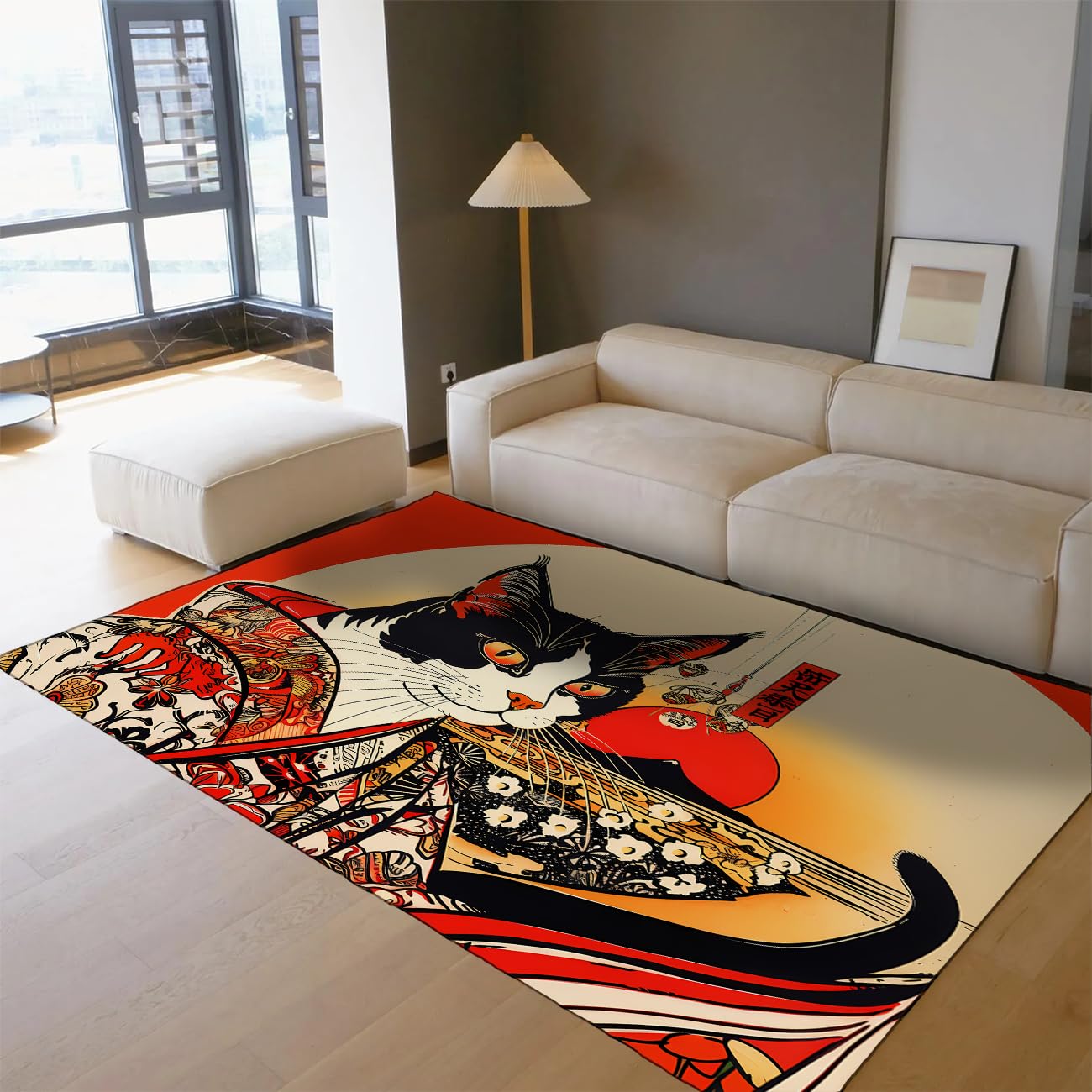 Tapis de style japonais imprimé chat avec envers antidérapant