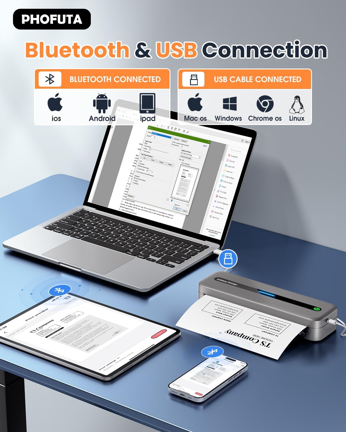 PhoFuta M832 printer connected via Bluetooth to a phone and iPad, and via USB to a laptop, showing compatibility with iOS, Android, Mac OS, Windows, Chrome OS, and Linux.