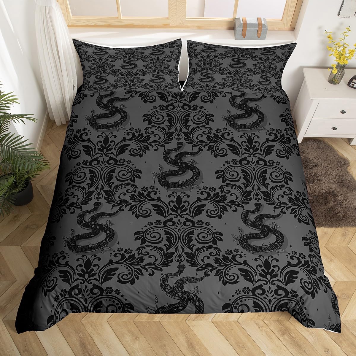 Homemissing Adults Gothic Duvet Cover Cot Size Dark Olive Green Damask Print Comforter Cover for Boys Girls Snake Bedding Set 2Pcs Room Decor โ image 1