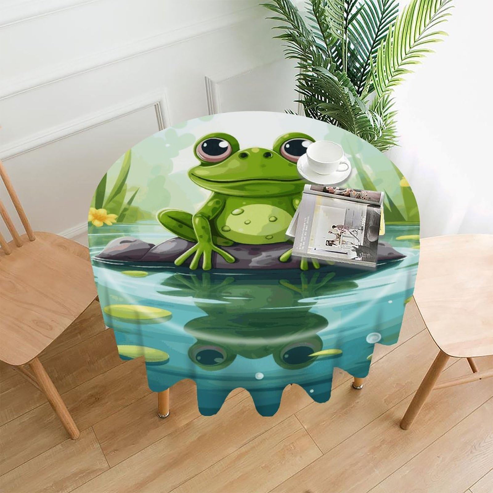 FodPand Frog in A Pond Round Tablecloth - 60 Inch Premium Polyester Table Cloth, Fashion Wrinkle Resistant Decorative Table Cover for Dining Kitchen Party Buffet Tables