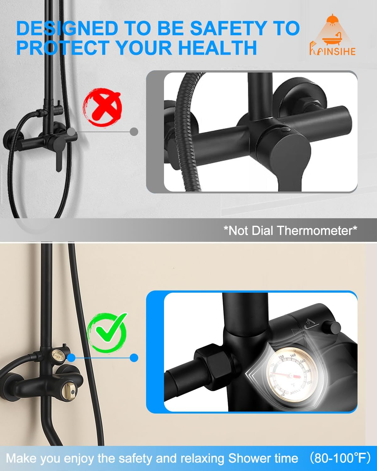 Outdoor Shower Fixtures, Exposed Shower Faucet Sets Wall Mount with 10 Inch Rainfall Head and Spout Dial Thermometer Valve for Backyard, 3-Fauctions Handheld Combo for Poolside (Matte Black)