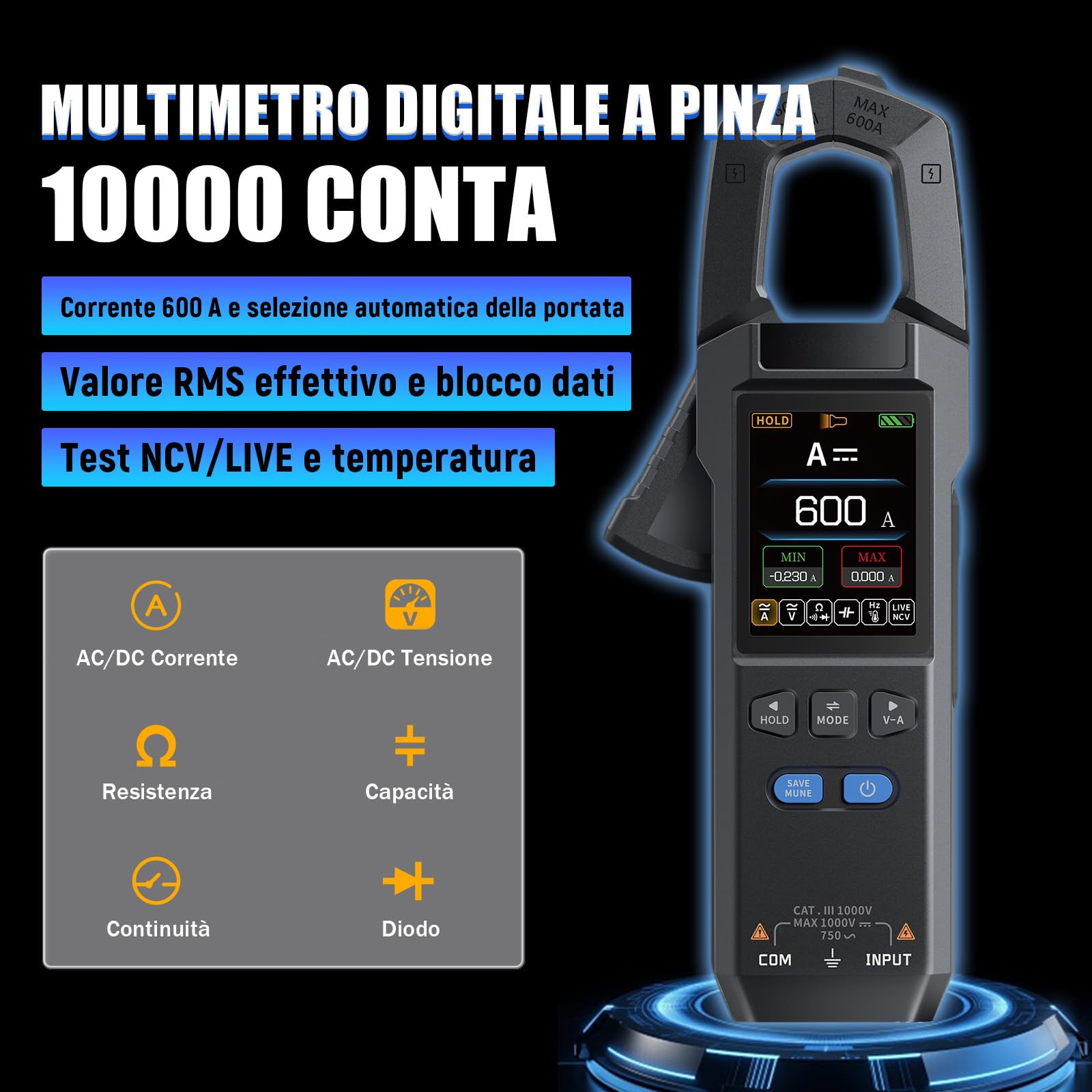 DMC-100 Pinza Amperometrica Professionale Multimetro Digitale,10000 Conteggi Voltmetro,Doppio chip,1500mAh Ricaricabile,Schermo TFT da 2,0″,Tensione,Corrente,Resistenza,Diodi,Temperatura,NCV,Capacità