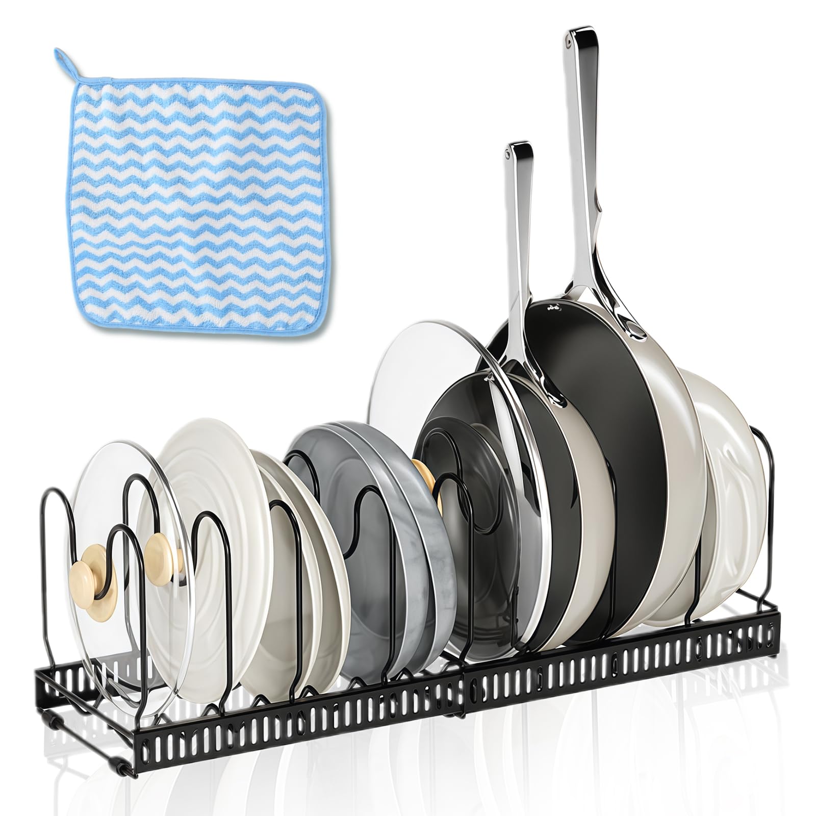 Meetoz Expandable Pans Organiser Rack, Adjustable Pans Organiser Witn 10 Compartments, Pan Organiser For Cupboard, Chopping Board Holder, With Cleaning Cloth, For Kitchen Cabinet Storage And Organization
