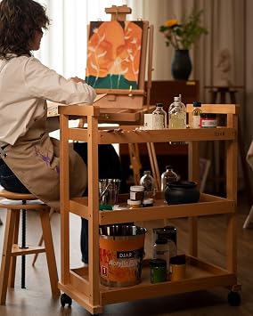 DJAR Rolling Art Solid Beech Wood Utility Trolley with Wheels for Adults Artists (Natural Basic)