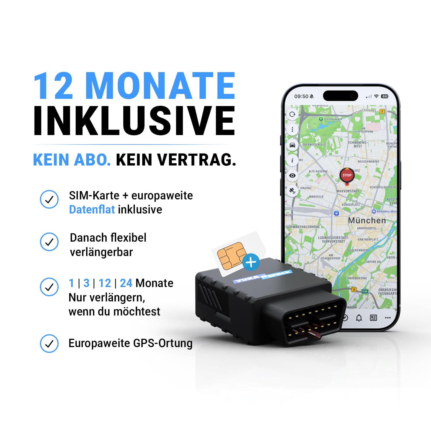 OBD2 4G localizador GPS para coche, camión y caravana | SIM y datos UE incluidos, localización en vivo por app, libro de rutas, sin contrato, conexión directa OBD2