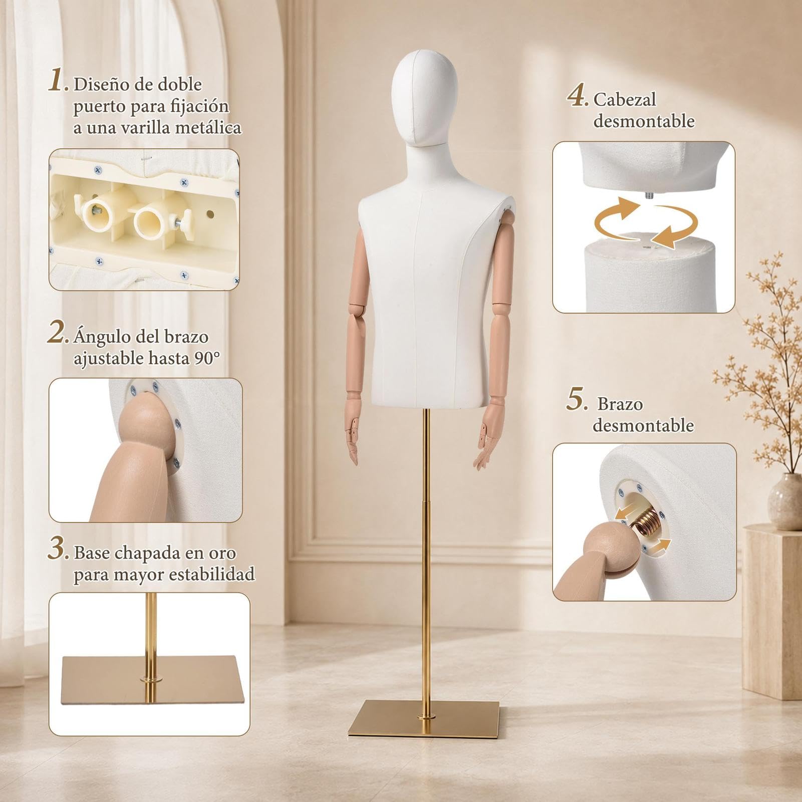 Maniqui Hombre Medio Cuerpo Ajustable 160-212 cm Capacidad de 30 kg | Brazos Robustos Tapicería de Terciopelo – para Boutiques