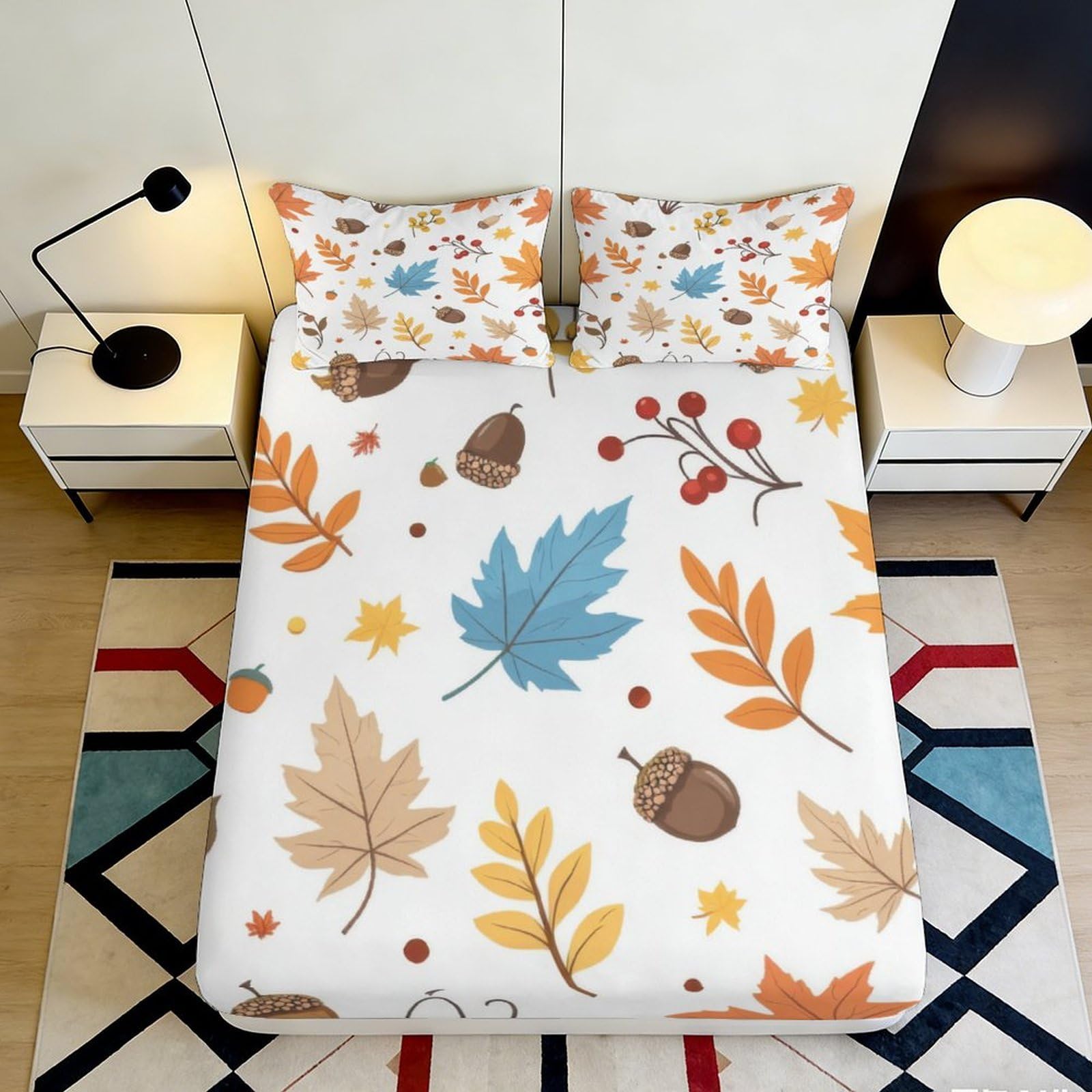 3D Printed Autumn Leaves Fitted Sheet Microfiber Soft Breathable Acorn Berry Mattress Cover for Bedroom Dorm Decor 120x200x25cm