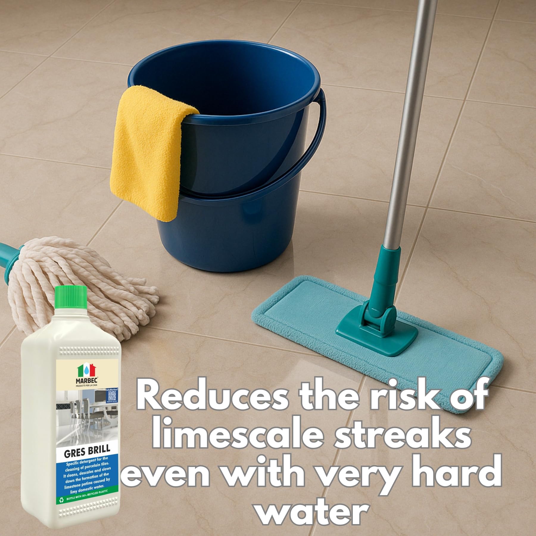 MARBEC GRES BRILL 5LT Detergente específico para la limpieza de gres porcelánico. Limpia, desincrusta y ralentiza la formación de cal causada por el agua doméstica.