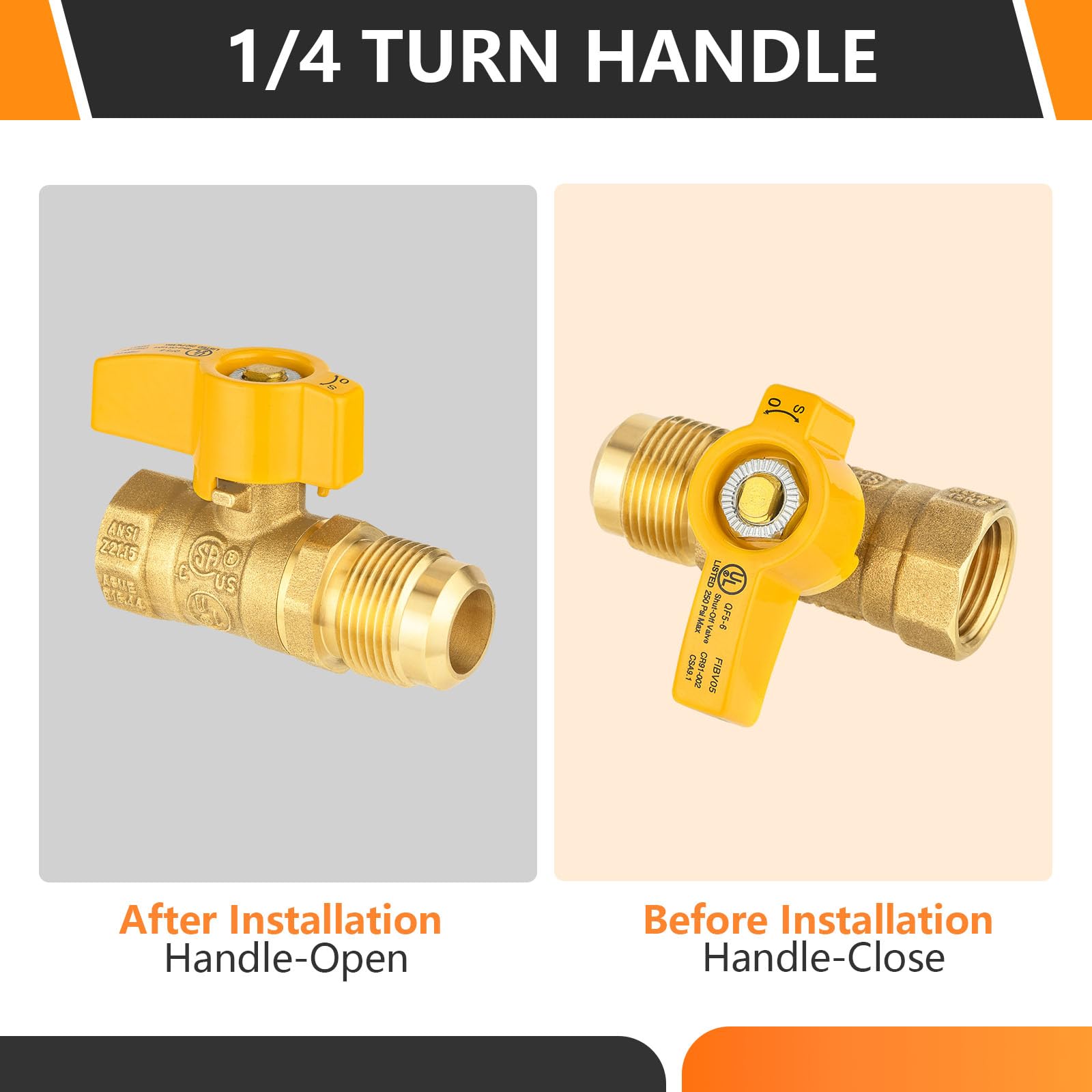 5PC HeSun 0.5" FIP x 0.5" OD connessione diritta valvola a sfera del gas | Valvola a sfera di arresto del gas d'ottone di 1/4 di giro, giallo (VALVE231-5)