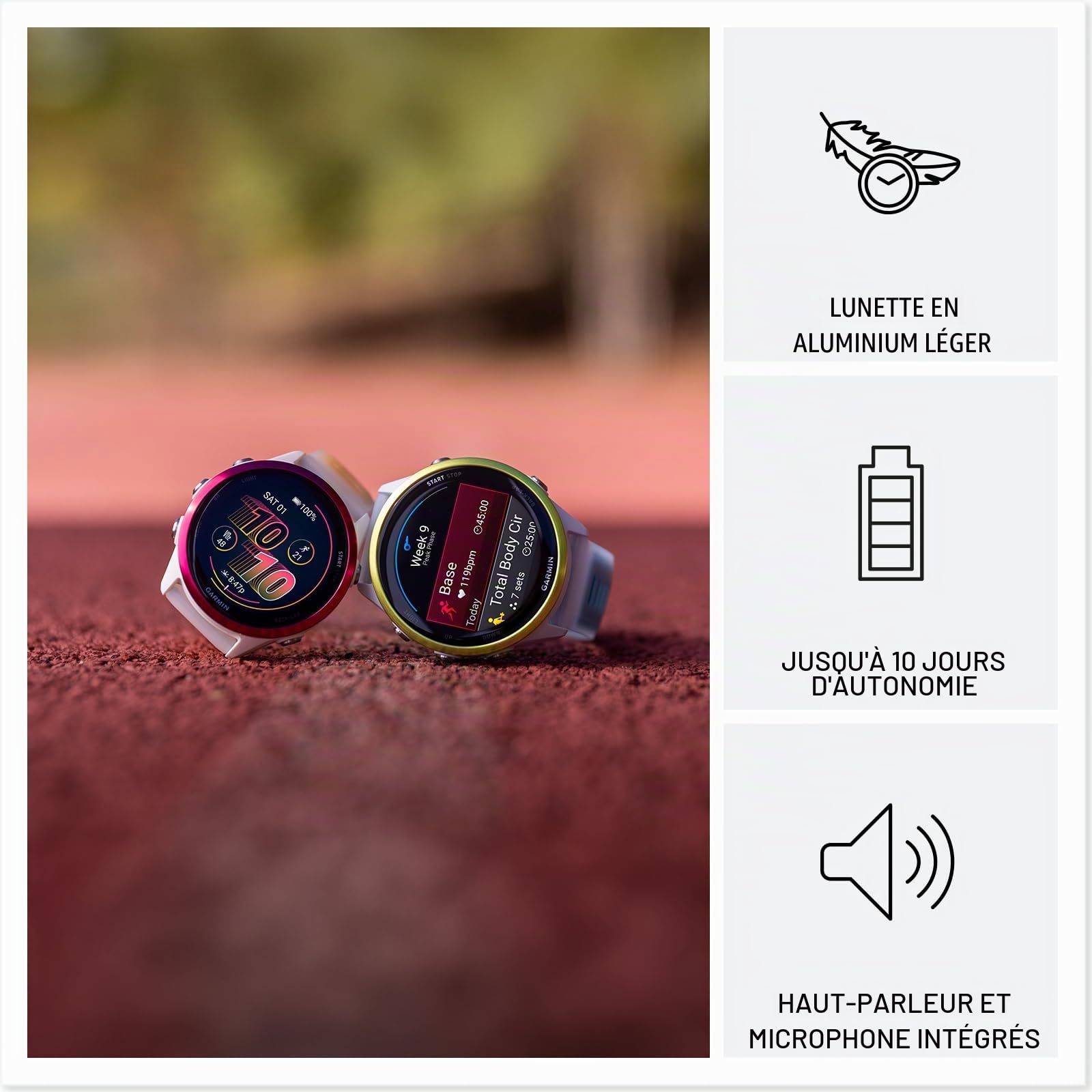Garmin® Forerunner® 570 Montre intelligente GPS avancée pour course et triathlon 42 mm Affichage AMOLED Fonctions d'entraînement et de récupération Aluminium framboise avec bande translucide Os/Mangue