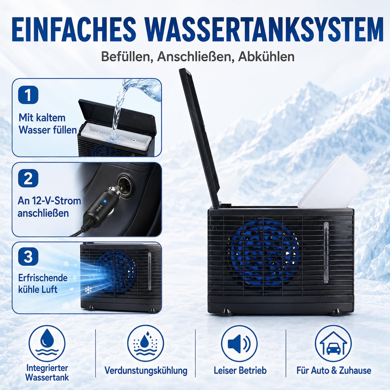 Mini ventilatore dell'aria condizionata Raffreddatore evaporativo portatile silenzioso con serbatoio dell'acqua per casa auto 12V Soluzione di raffreddamento compatta in ABS nero