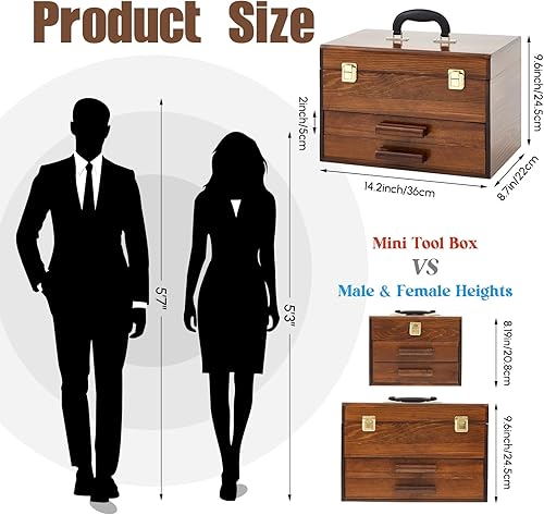 Miniatura 2 de Weysat Mini caja de herramientas de madera de 14 pulgadas con 2 cajones y almacenamiento superior, baúl de herramientas pequeño portátil con