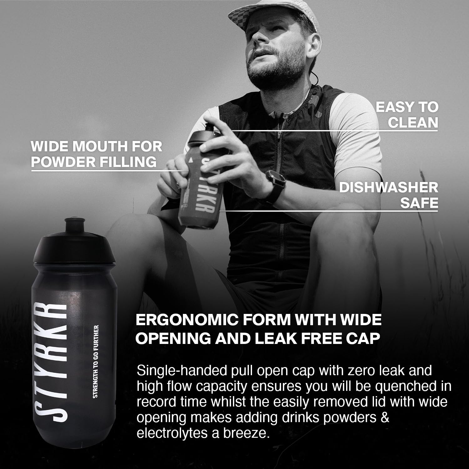 STYRKR 500ml Sports Water Bottle, Cycling Water Bottle in Clear Transparent Black, Squeezable, Wide Mouth & Easy Clean, Bike - Image 4